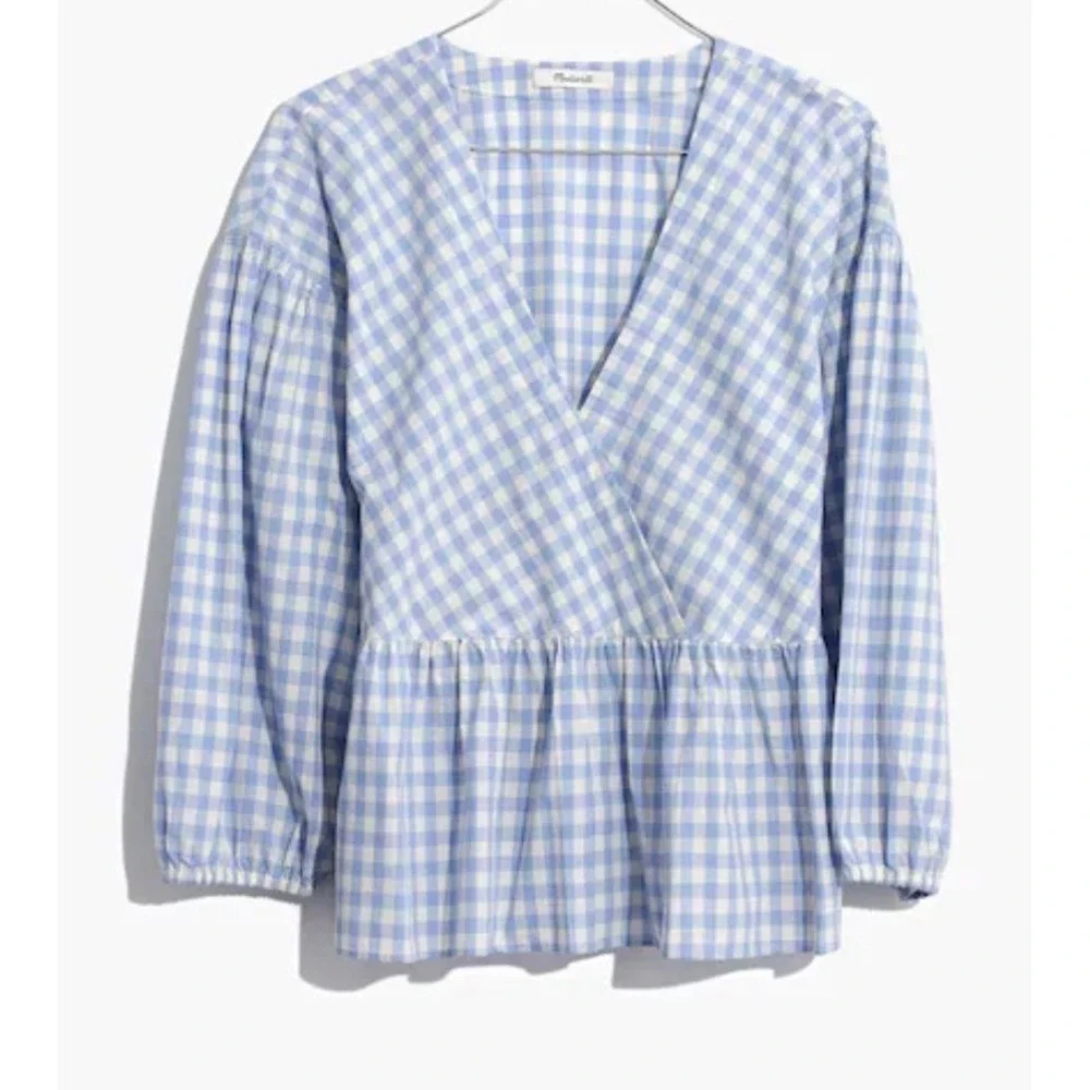 Madewell Gingham Peplum Top XS Blue White Bubble Puff Sleeve Faux Wrap‎ Blouse